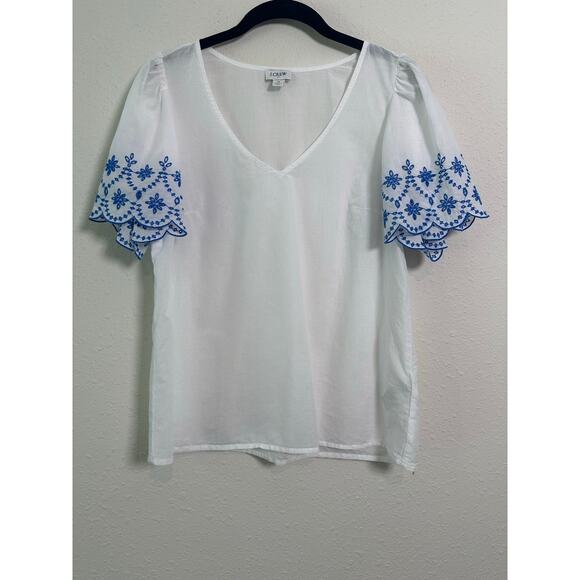 J.Crew Tops - J Crew V-neck top with embroidered flutter sleeves Size Blue/White Medium